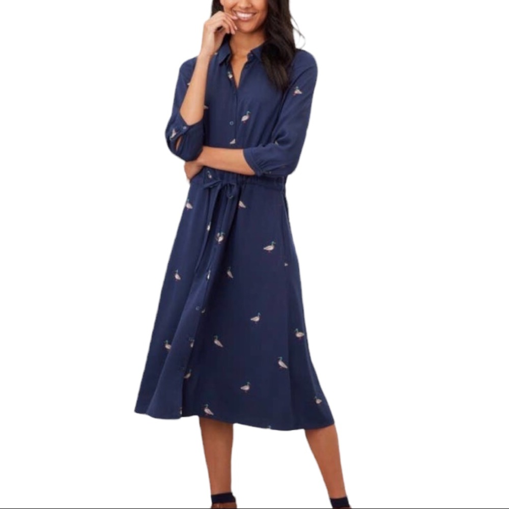 Joules Winslet Button Front Shirtdress Mallard Duck Cinch Waist 8 Medium Navy